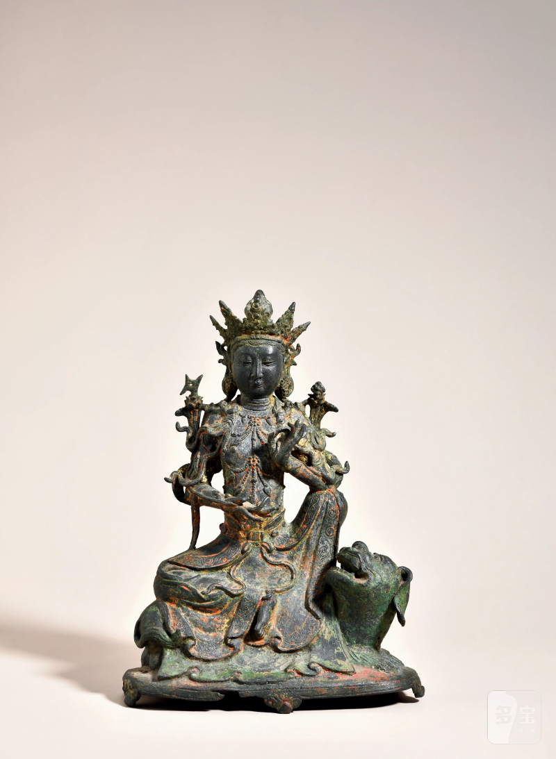 明 铜漆金文殊菩萨骑狮像
